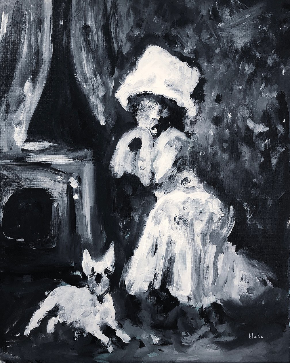 Lady And Dog Posing, c.2019 (Acrílico sobre tela) de Blake Munch