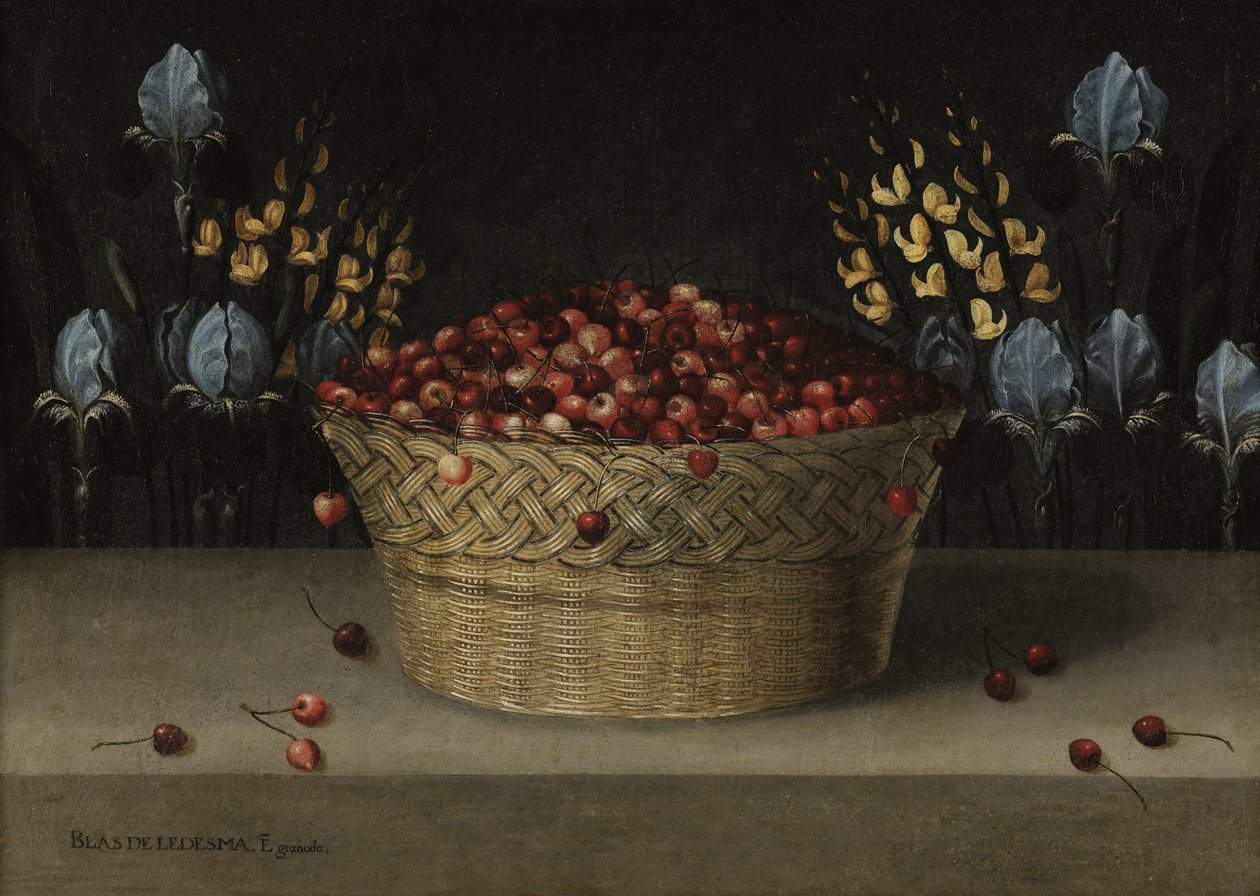 Natureza morta com cerejas, tremoços e íris, c.1610 (óleo sobre tela) de Blas de Ledesma