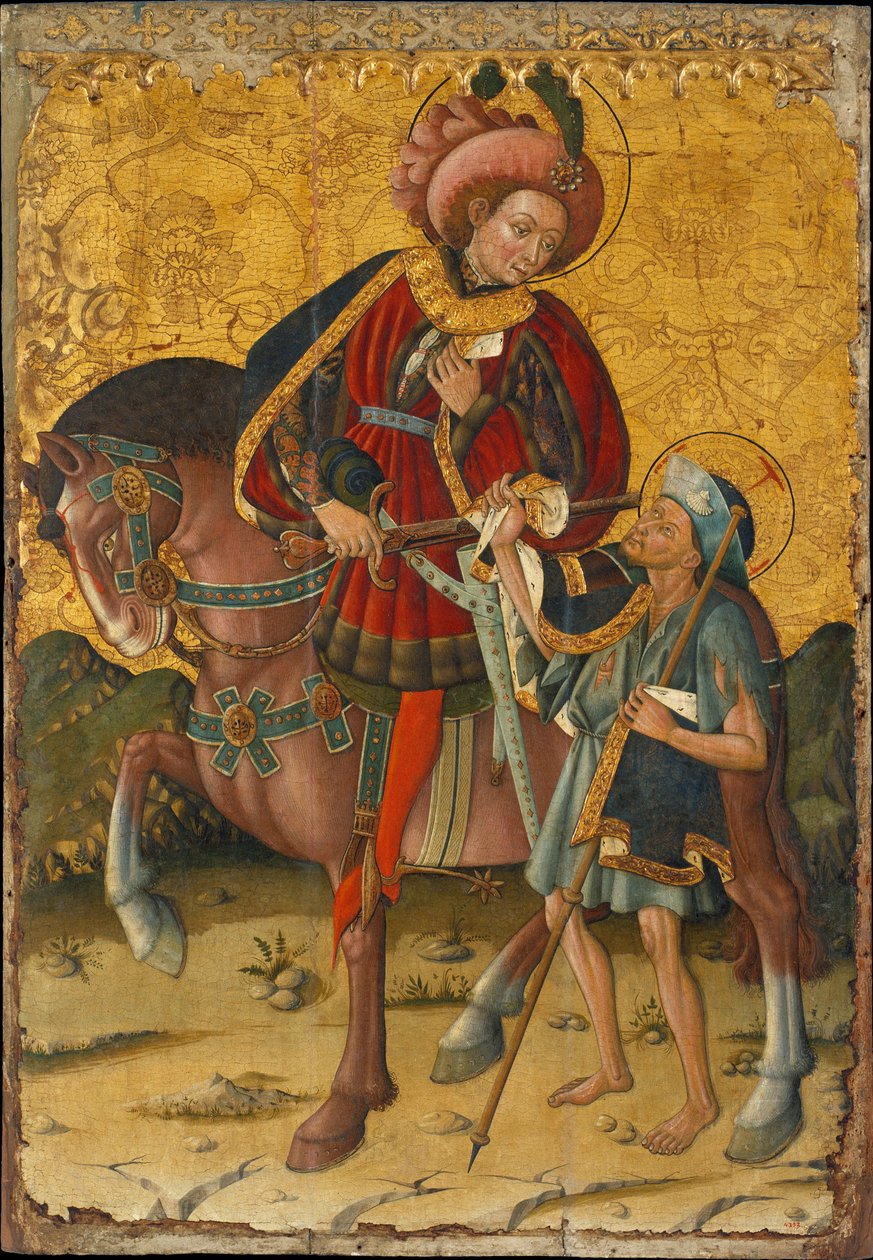 São Martinho de Tours (ou O Misericórdia) (316-397), cortando o casaco para dividi-lo com um pobre - Pintura de Blasco de Granen (?-1459), têmpera sobre madeira (153,5x106 cm), cerca de 1440 - São Martinho compartilhando seu manto, têmpera no painel de Bla de Blasco de Granen