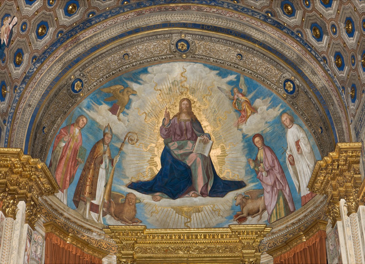 Apse, Catino Apse, Boccaccio Boccaccino, Pantocrator entre os Santos Marcelino, Imerio, Omobono, Peter Exorcist de Boccaccio Boccaccino