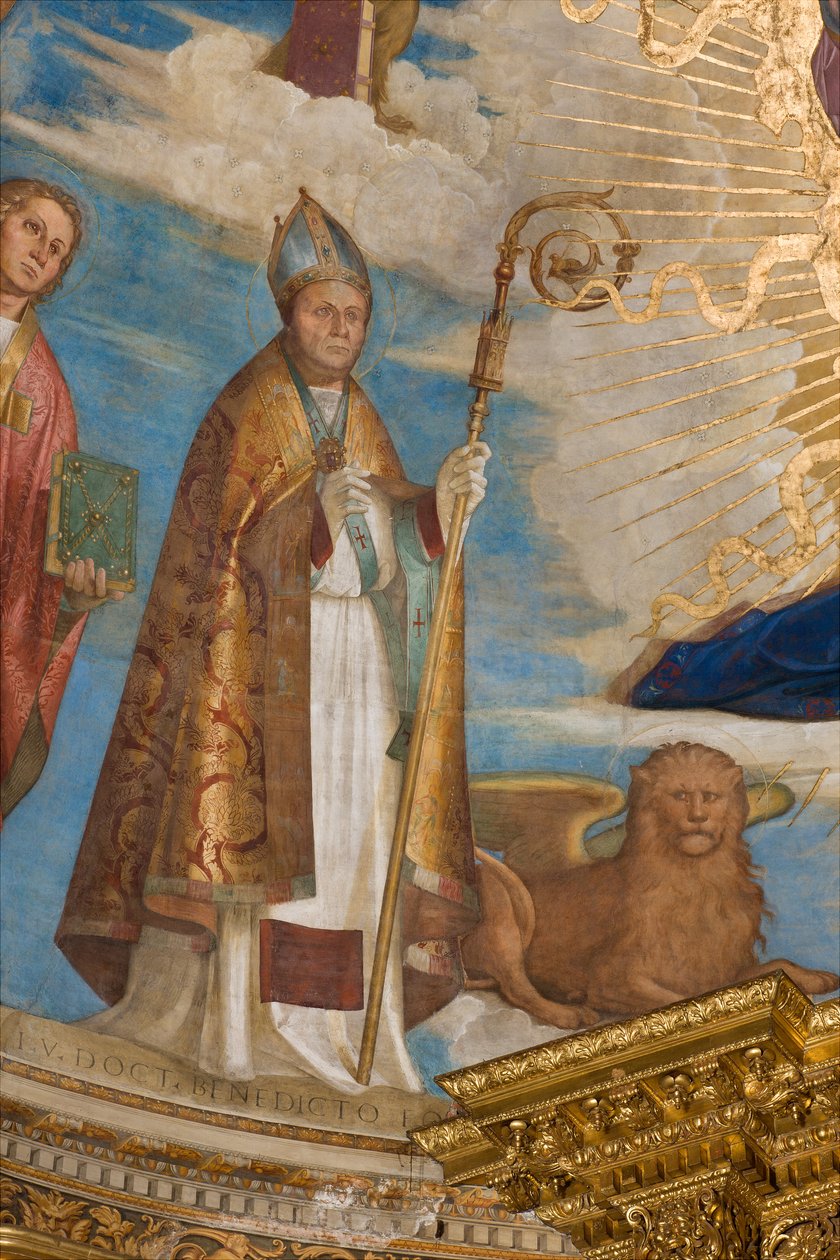 Apse, Catino Apse, Boccaccio Boccaccino, Pantocrator entre os Santos Marcelino, Imerio, Omobono, Peter Exorcist, Detalhe de São Imerio de Boccaccio Boccaccino