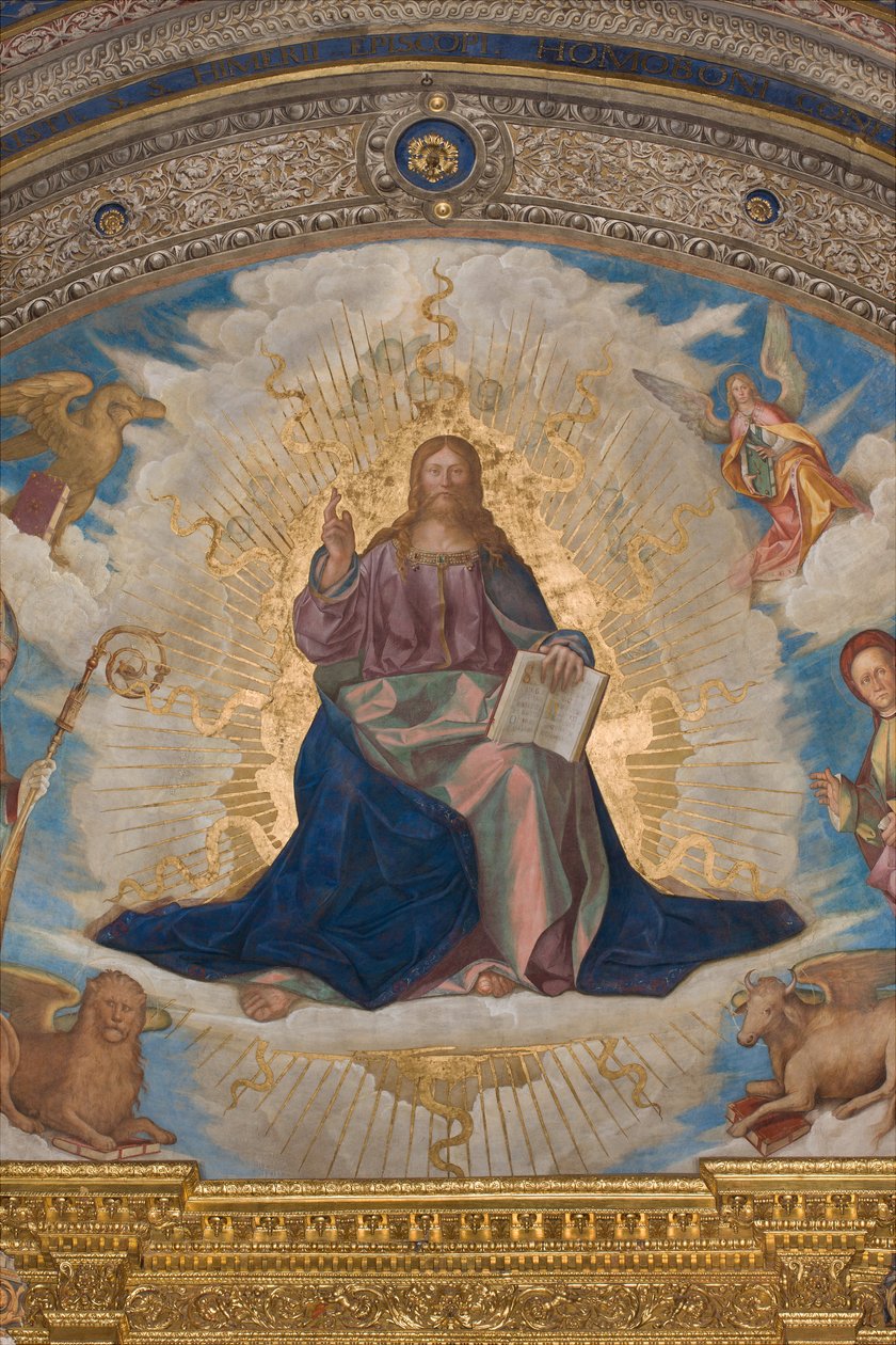 Apse, Catino Apse, Boccaccio Boccaccino, Pantocrator entre os Santos Marcelino, Imerio, Omobono, Peter Exorcist, Detalhe Pantocrator de Boccaccio Boccaccino