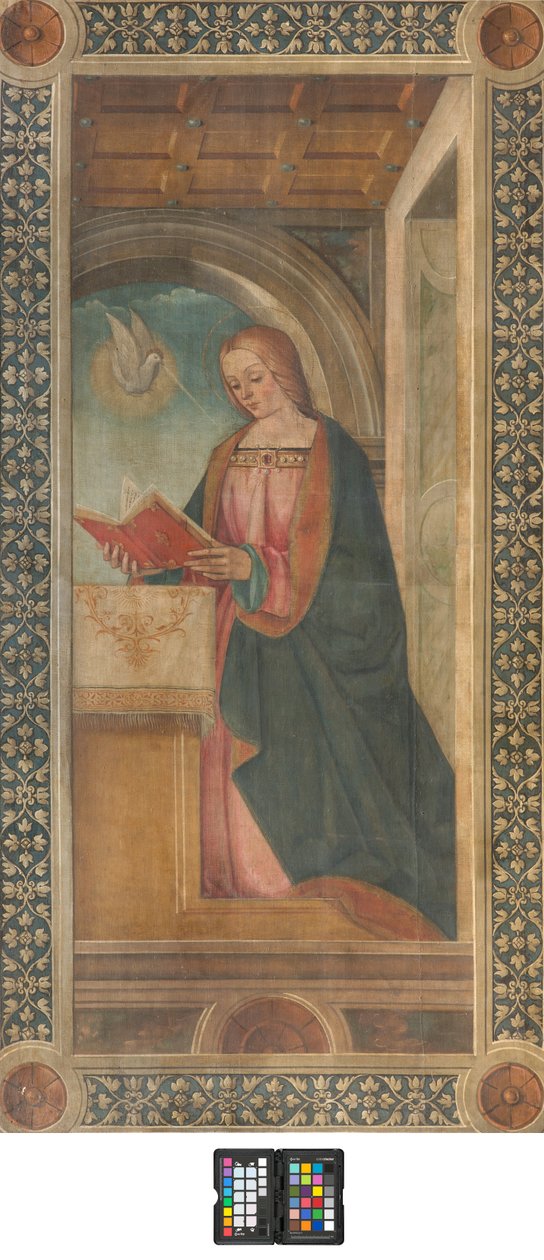 Contofachada transepto sul, Boccaccio Boccaccino, Anunciação detalhe de Madonna-Early século XVI, Fresco Ripado de Boccaccio Boccaccino