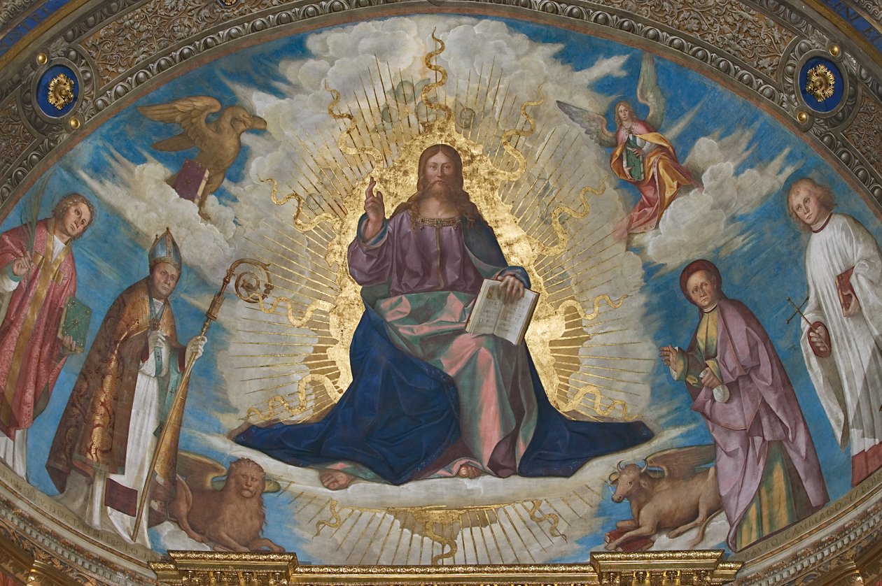O Redentor na Glória entre São Himério, São Marcelino, São Omobono e São Pedro, e os símbolos dos Evangelistas de Boccaccio Boccaccino