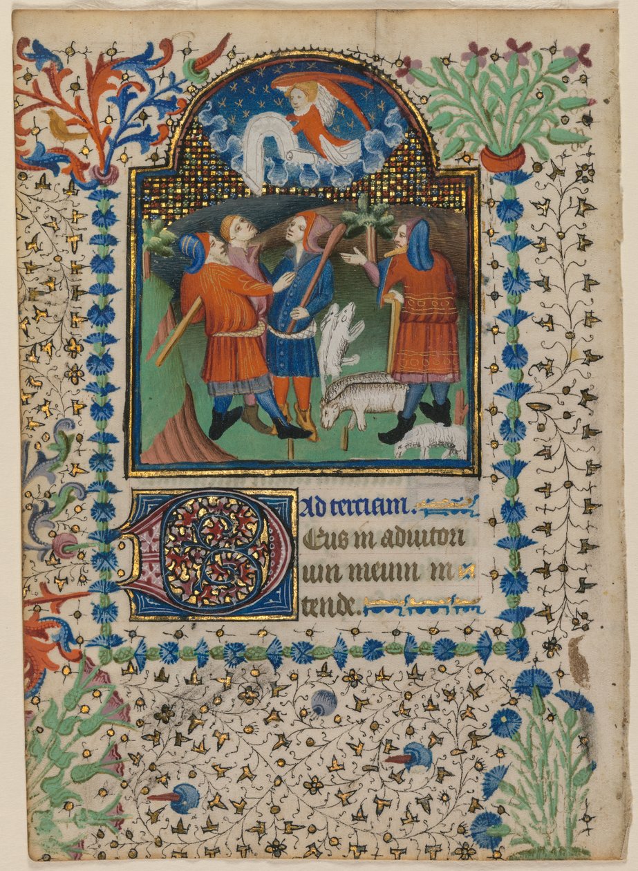 Folha de um livro de horas: Anunciação aos pastores (reto) de Boethius Illuminator