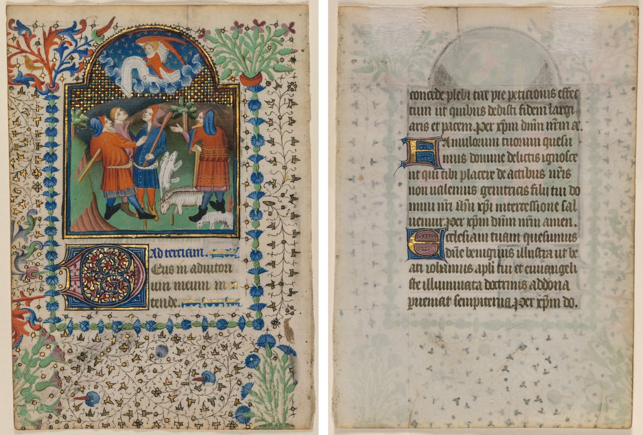Folha de um livro de horas: Anunciação aos pastores (reto) e texto (verso) de Boethius Illuminator