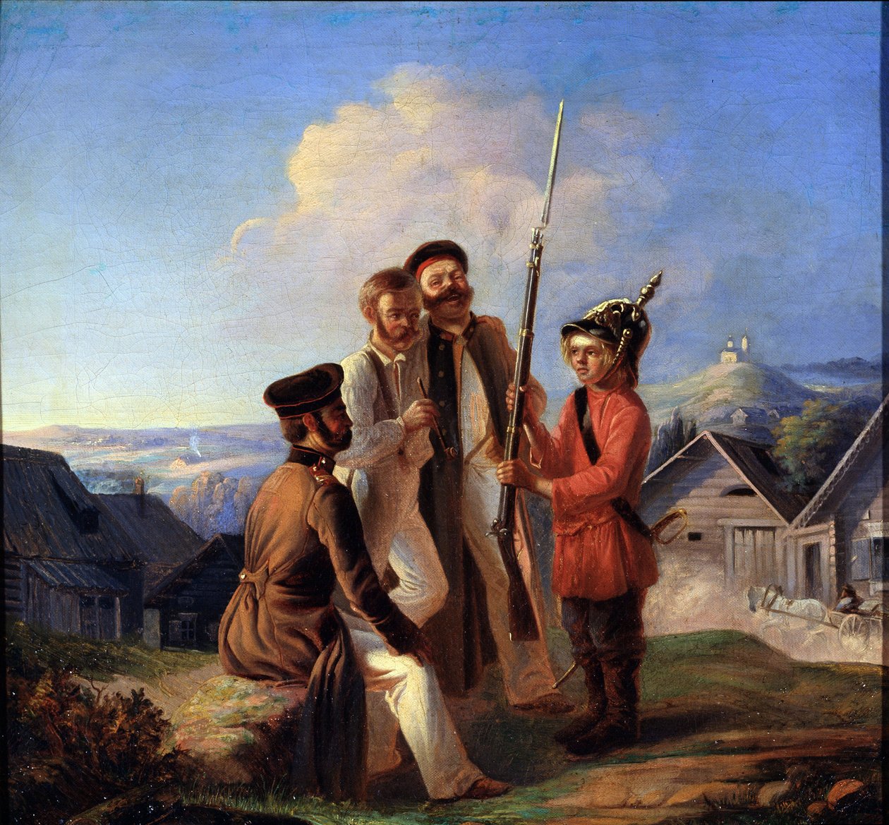 Assentamento Militar. Soldados zombam de um menino a quem deram um capacete e uma arma. Pintura de Bogdan Bogdanovich Greim (cerca de 1827-1885), óleo sobre tela. Arte russa do século XIX. Museu Estadual de Arte da República Kar de Bogdan Bogdanovic Greim