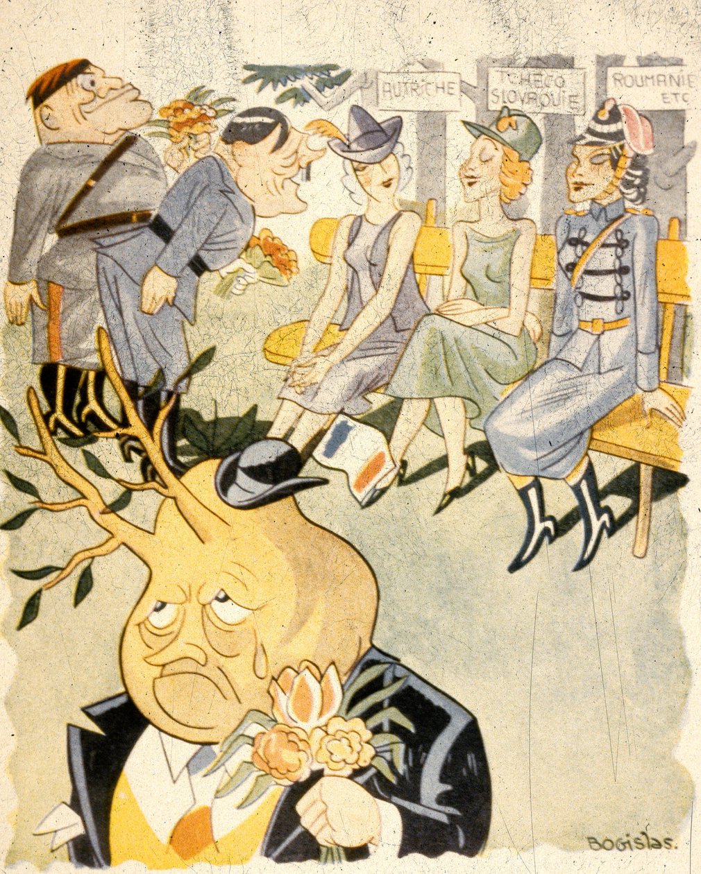 Cartoon representando a Alemanha a cortejar mulheres, como personificações da Áustria, Checoslováquia e Roménia de Bogislas