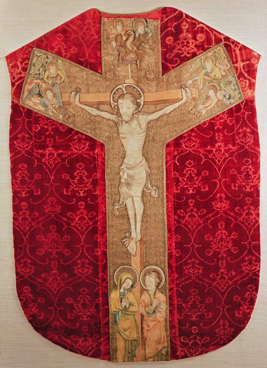 Orfejo bordado em casula boémia representando a crucificação com a Virgem e Anjos, final do século XIV (têxtil) de Bohemian School