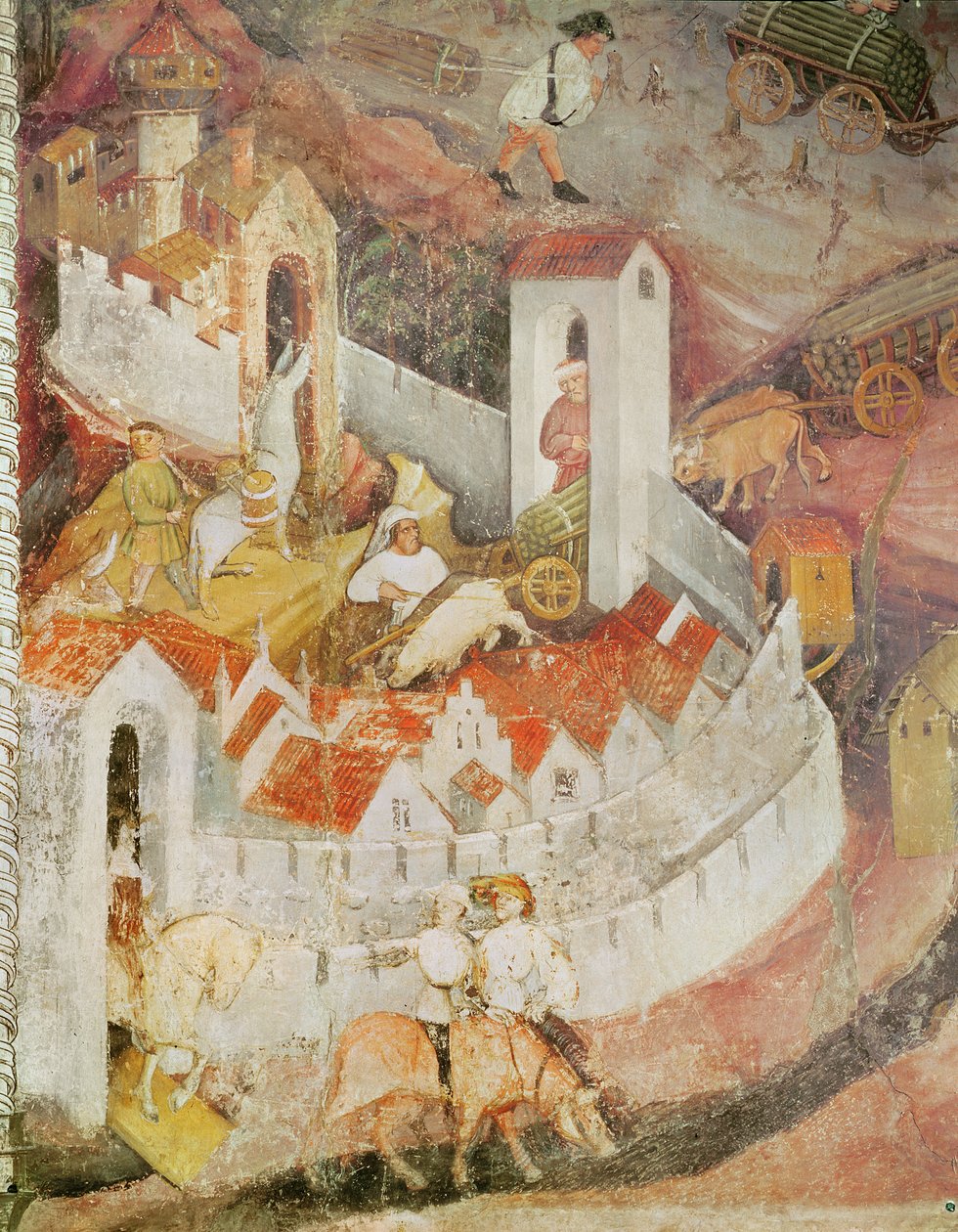 O mês de dezembro, detalhe do transporte de troncos de árvores, c.1400 de Bohemian School