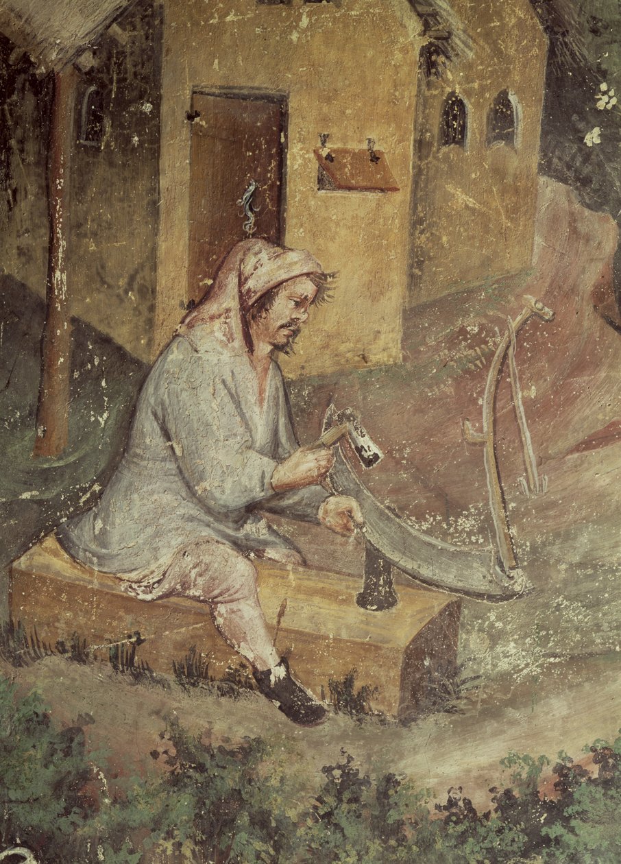 O mês de julho, detalhe de um camponês afiando sua foice, c.1400 de Bohemian School