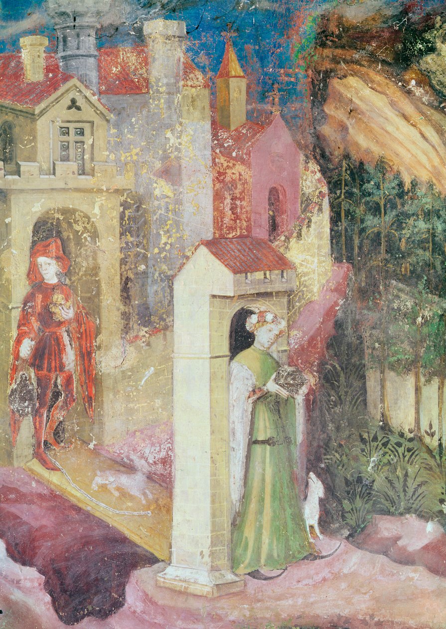 O mês de junho, detalhe de um casal indo passear, c.1400 de Bohemian School