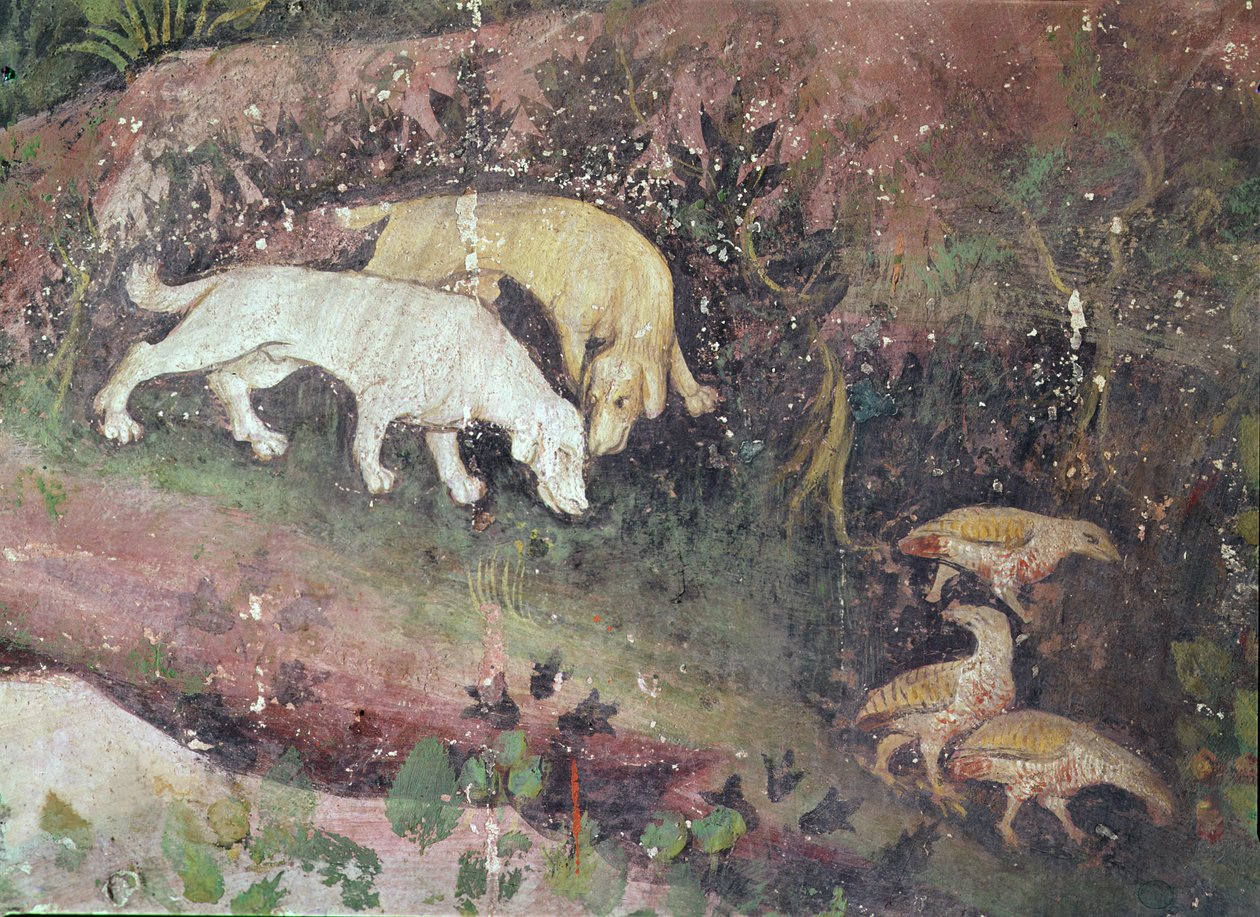 O mês de junho, detalhe de cães e perdizes, c.1400 de Bohemian School
