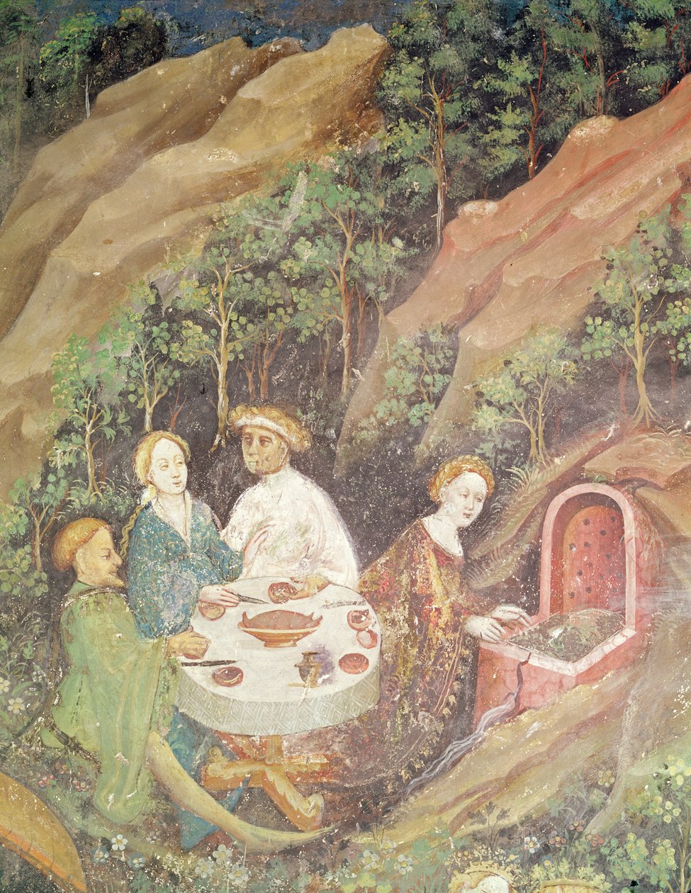 O mês de maio, detalhe de um churrasco de piquenique, c.1400 (detalhe de 75565) de Bohemian School