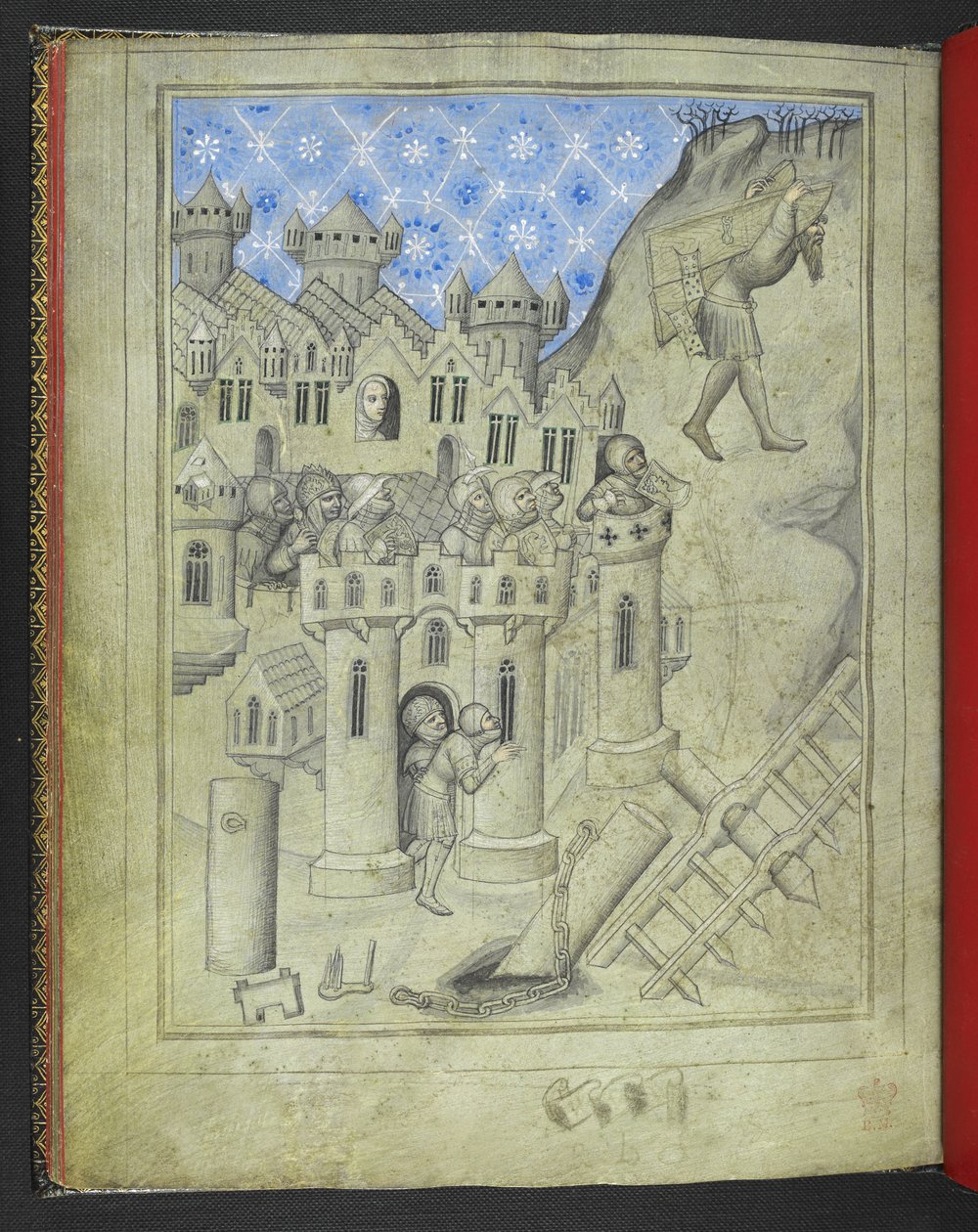 Acrescente 24189. f.16v, Sansão carregando os portões de Gaza, vigiado das muralhas da cidade por soldados blindados e, a uma janela, Delilah, do 