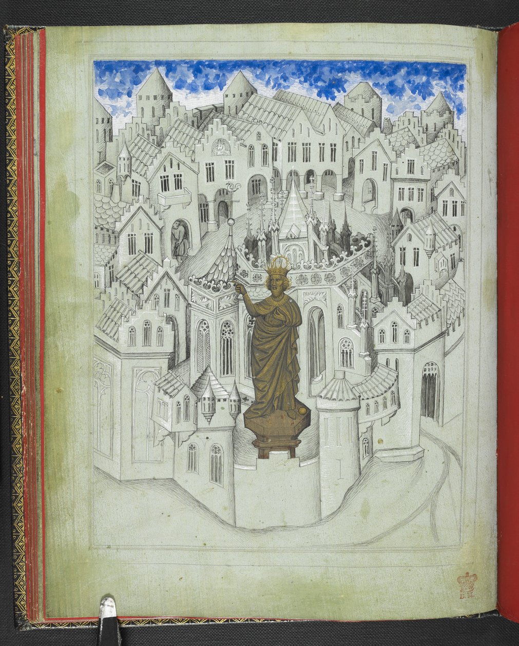 Adicionar 24189, f.9v, A cidade de Constantinopla, com uma grande estátua do Imperador Justiniano em pé diante da catedral de Santa Sofia, do 