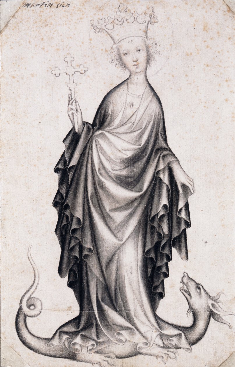 Santa Margarida de Antioquia (morta ca. 305) (Santa Margarida) (segurando um crucifixo e espetando um dragão) - Trabalho de um mestre boémio (activo 1410-1420), lápis e escova sobre papel (21,4x14 cm), ca. 1410 - Szepmuveszeti Muzeum, Budapeste (Hungria) de Bohemian School
