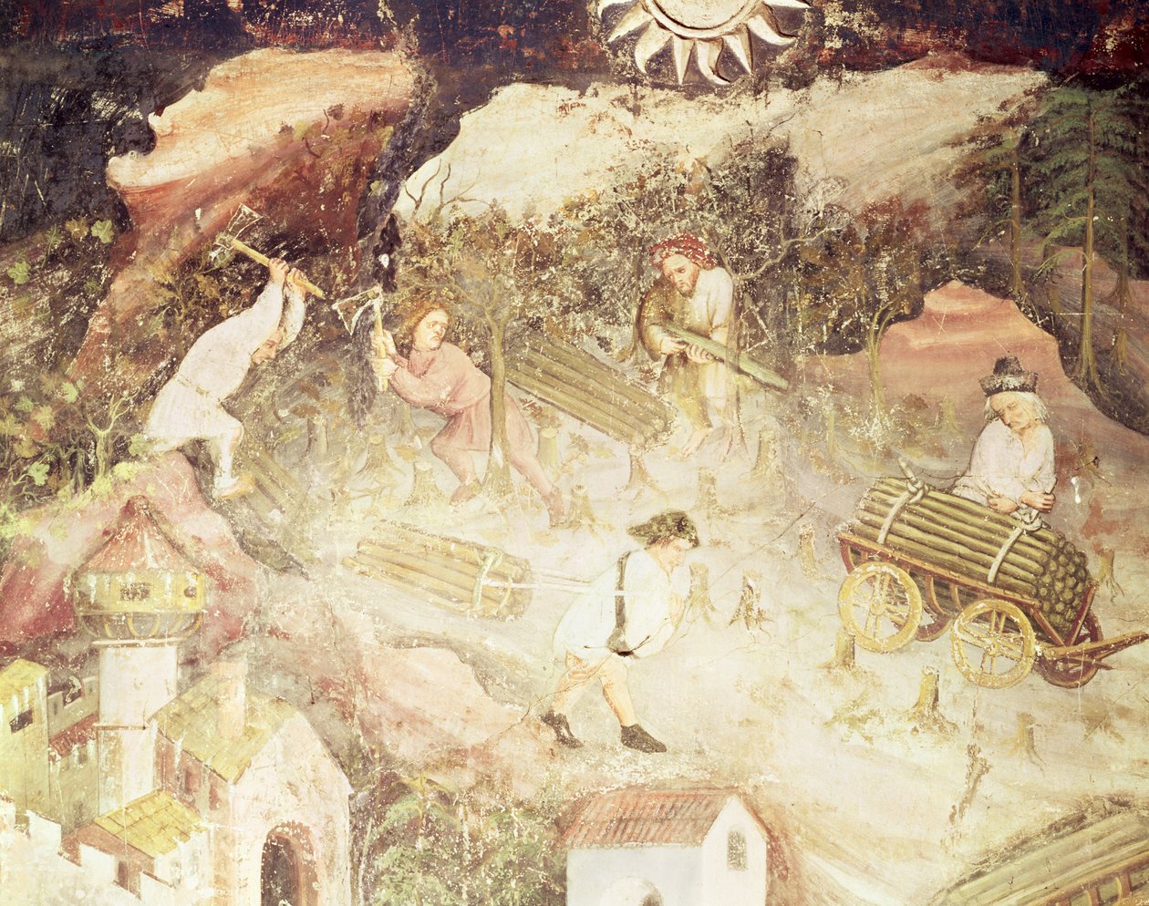 O mês de dezembro, detalhe de homens cortando árvores, c.1400 (afresco) de Bohemian School