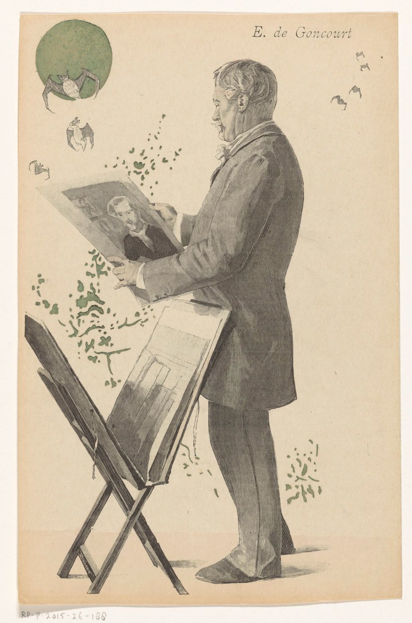 Edmond de Goncourt olha para uma gravura, ao lado dele um padrão de gravura E. de Goncourt (título no objeto) de Boileau