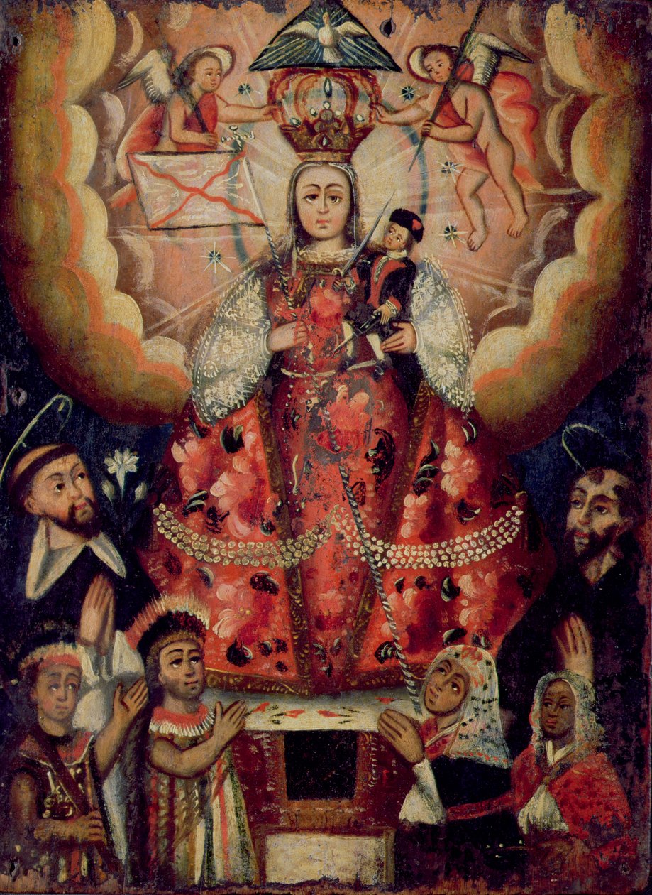 Madonna com o Menino Jesus, São Domingos, São Francisco e os Adoradores dos Nativos Americanos de Bolivian School