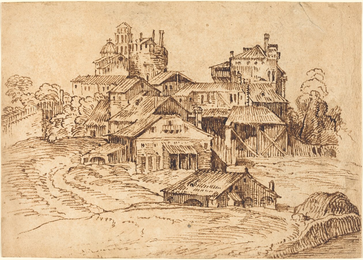 Vista de uma cidade italiana (depois de Ticiano ou Domenico Campagnola) de Bolognese 17th Century