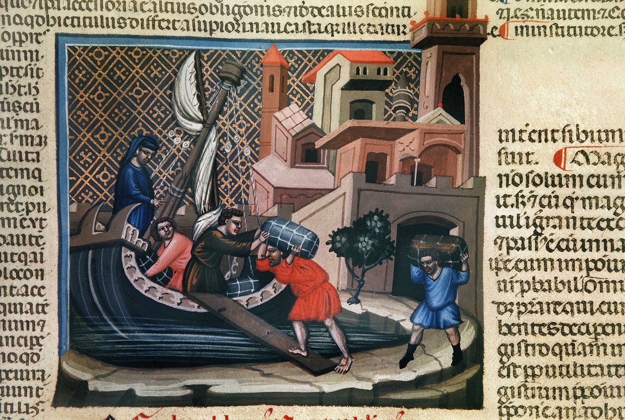 Mercadorias embarcadas em um navio, do manuscrito "Justinian Institutes Fees and others", c.1300 de Bolognese School