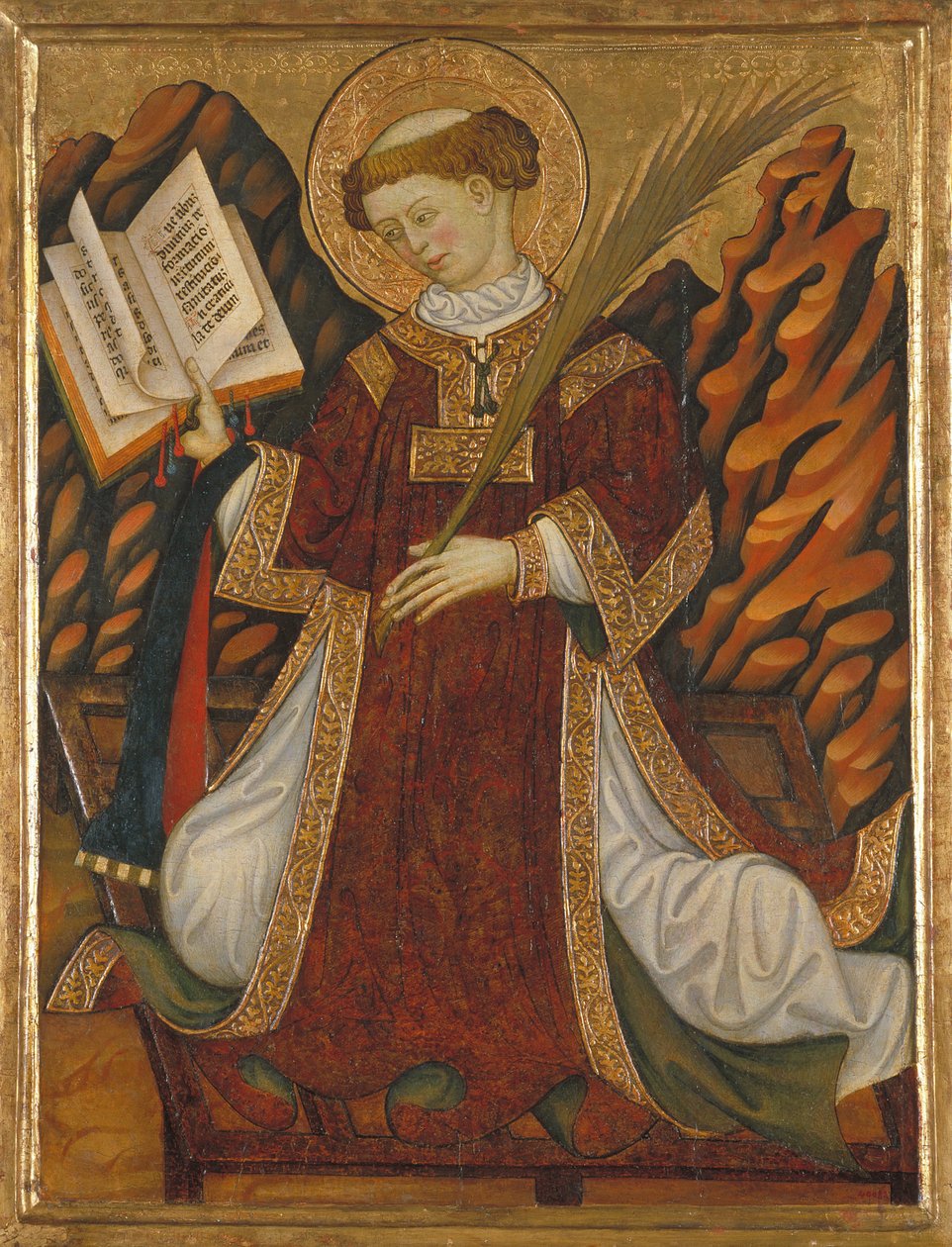 São Lourenço de Roma (ca. 210-258) (em traje de diácono lendo a Bíblia e segurando a palma dos mártires, ajoelhado sobre a grelha da sua tortura) - Pintura de Bonanat Zaortiga (activo século XV), tempera sobre madeira (80,2x62 cm), ca. 1430 - São Lourenço, de Bonanat Zaortiga
