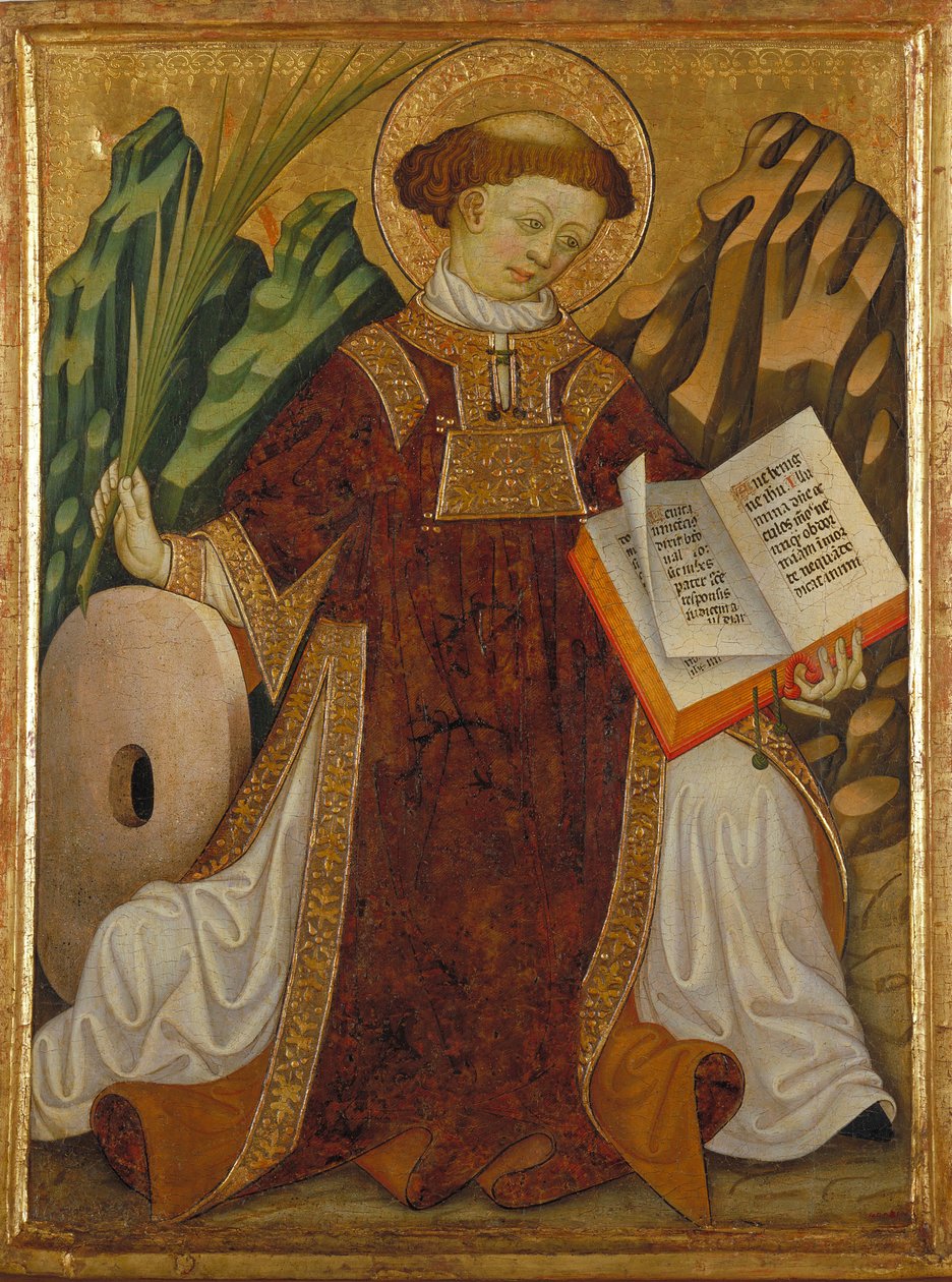 São Vicente de Saragoça (século IV) (traje de diácono lendo a Bíblia e segurando a palma dos mártires, perto da mó de sua tortura) - Pintura de Bonanat Zaortiga (século XV ativo), têmpera sobre madeira (80,2x61) , 5 cm), por volta de 1430 - São Vicente, de Bonanat Zaortiga