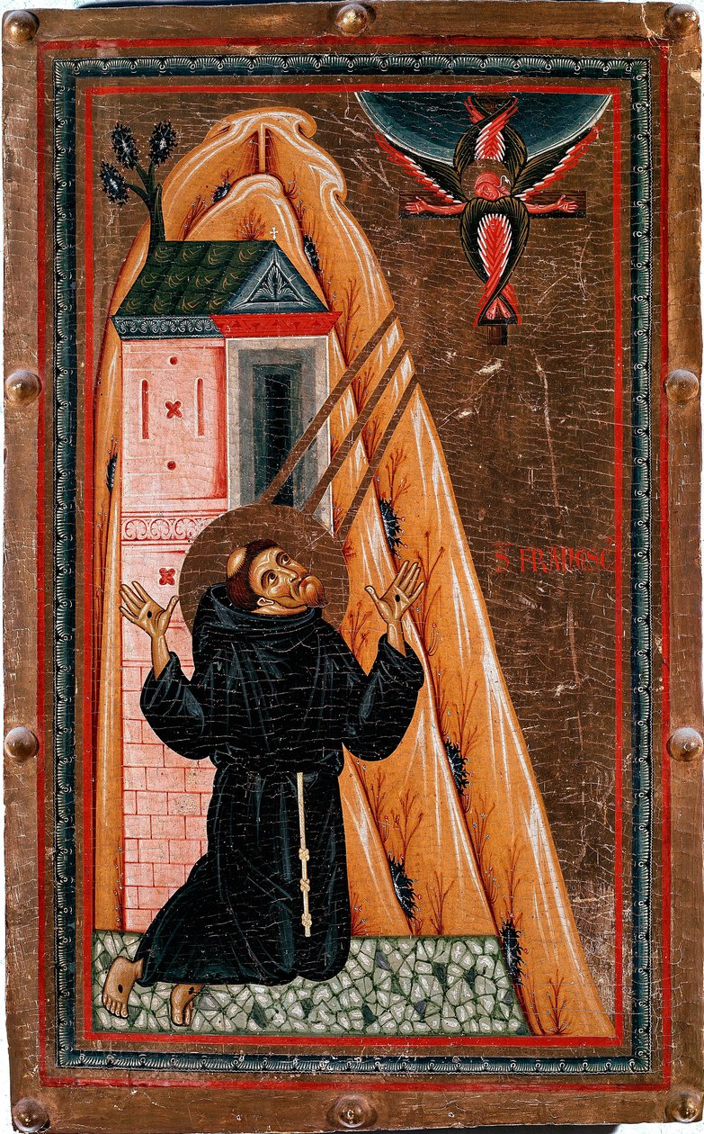 A vida de São Francisco de Assis "São Francisco recebendo estigmas" Jesus Cristo crucifica-lhe como um serafim. Pintura em madeira por Bonaventura Berlinghieri (ativo por volta de 1228-1274), Dim. 80x51 cm Galleria degli Uffizi (Escritórios) Florença de Bonaventura Berlinghieri