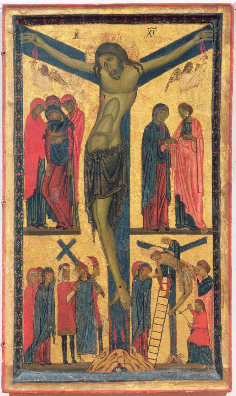 A crucificação com mulheres sagradas, enlutados, Cristo no Caminho do Calvário e a Deposição, painel direito de um díptico (têmpera no painel) de Bonaventura Berlinghieri