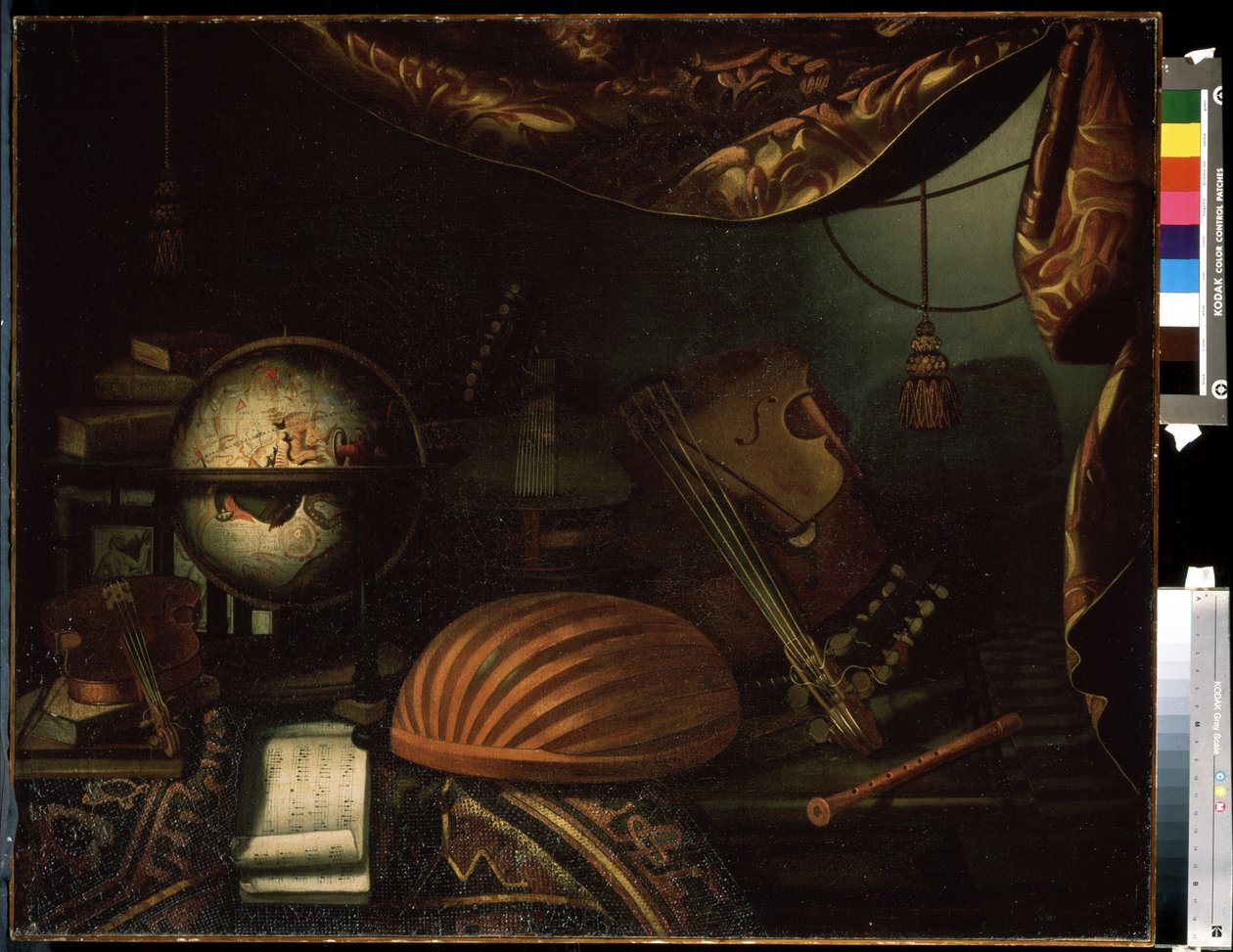 "Nature morte aux instruments de musique" (Natureza morta aux instruments de musique) Globo, flauta, partição, violeta, guitare. Peinture de Bonaventura Bettera (1663-1718) 1715 Musee Pouchkine, Moscou de Bonaventura Bettera