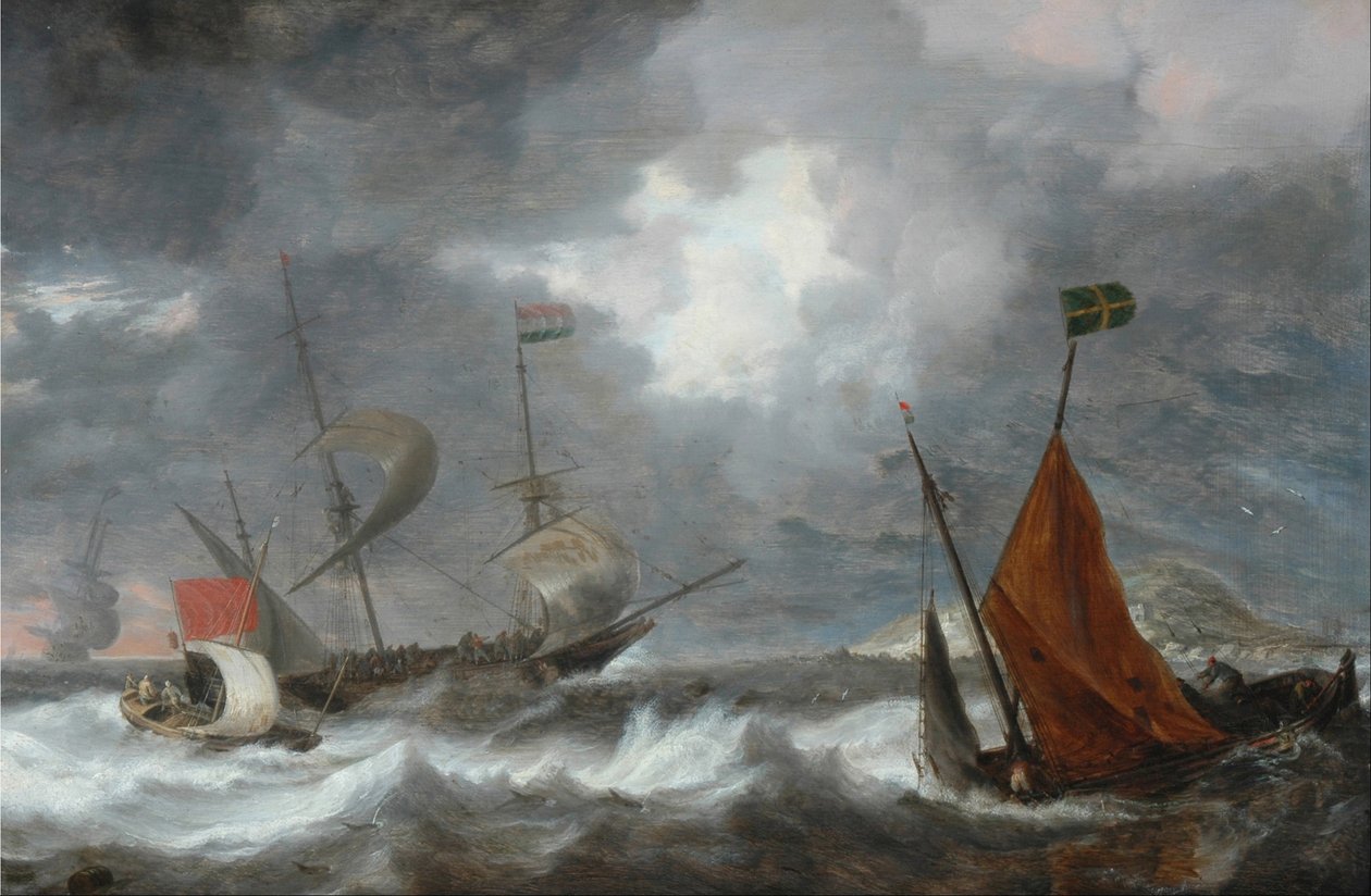Tempestade no mar com veleiros de Bonaventura I Peeters