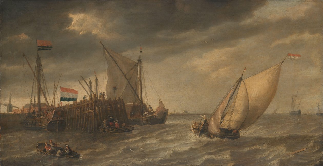 Viajantes desembarcando em um cais no Scheldt em ventos fortes de Bonaventura Peeters (I)