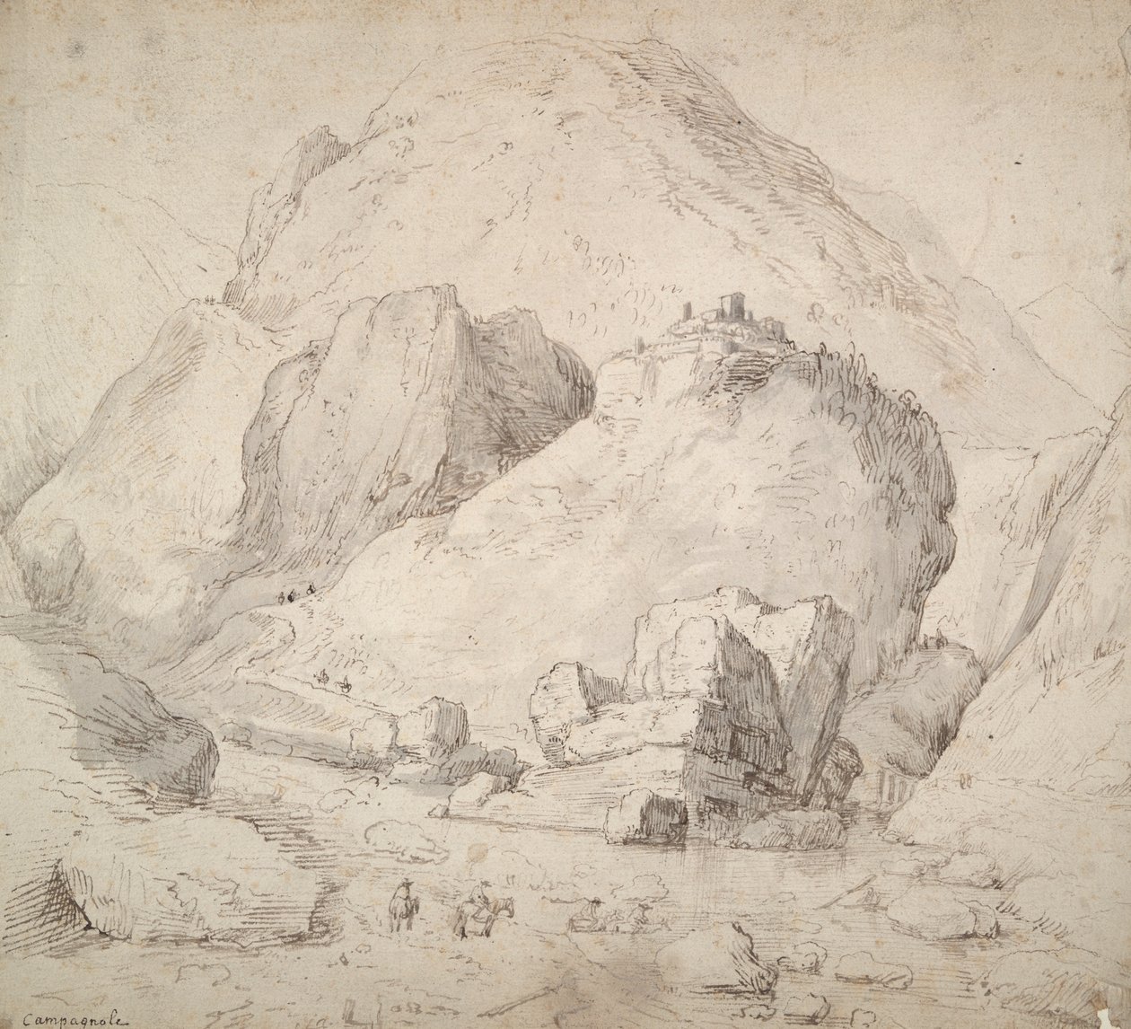 Paisagem montanhosa com figura a cavalo em primeiro plano de Bonaventura Peeters