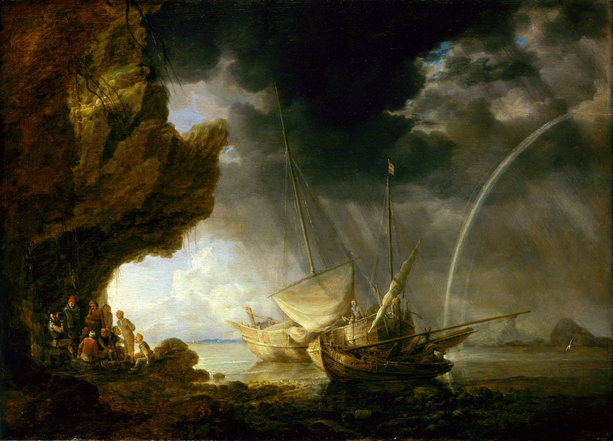 Paisagem marítima com marinheiros a protegerem-se de uma tempestade, meados do século XVII (óleo sobre painel) de Bonaventura Peeters