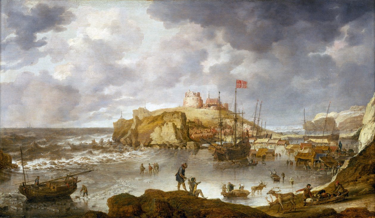 O porto de Archangel (Rússia), parcialmente congelado, com um navio com bandeira dinamarquesa de Bonaventura Peeters
