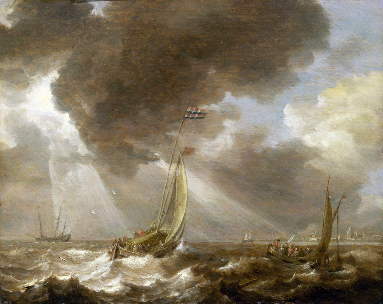 Dois barcos de pesca holandeses ao sabor da brisa, carregados de passageiros que transportam para a cidade visível no horizonte, os barcos ostentam a bandeira do Almirantado de Amesterdão de Bonaventura Peeters