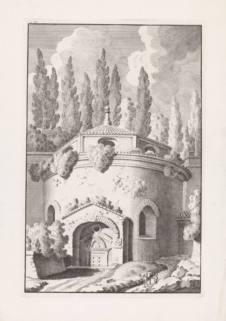 Ruine van een Romeinse ronde tempel Relíquias da antiga cidade de Roma (título da série) de Bonaventura van Overbeek