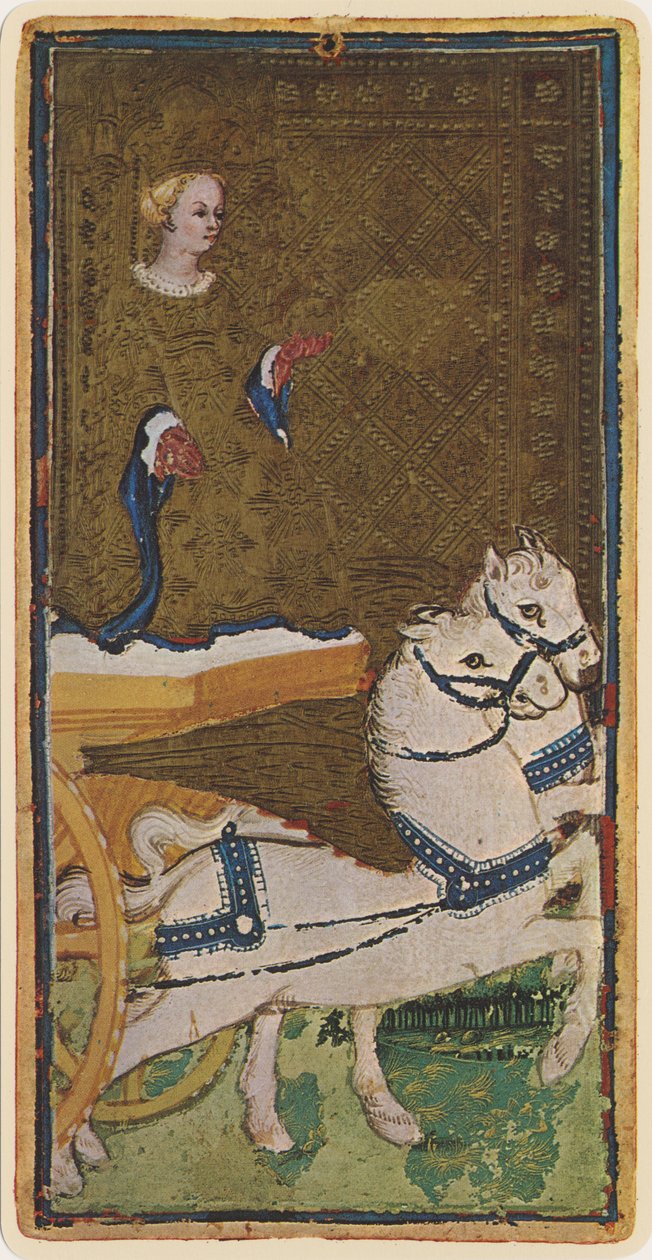 A carruagem, fascinante de uma carta de tarô do convés "Visconti", 1441-47 de Bonifacio Bembo