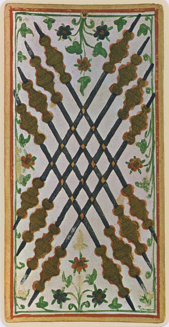 Oito de Paus, fac-símile de uma carta de tarô do baralho &39;Visconti&39;, 1441-47 de Bonifacio Bembo