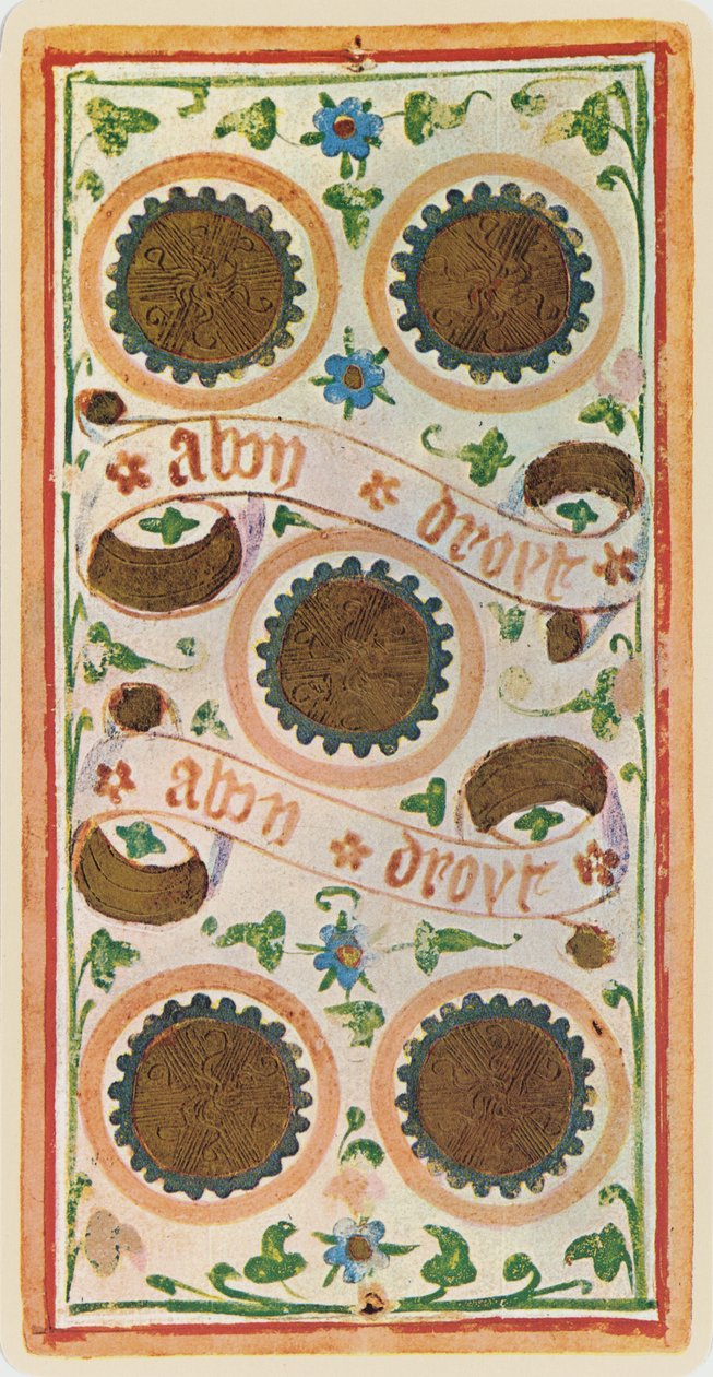 The Five of Coins, fac-símile de uma carta de tarô do deck &39;Visconti&39;, 1441-47 de Bonifacio Bembo