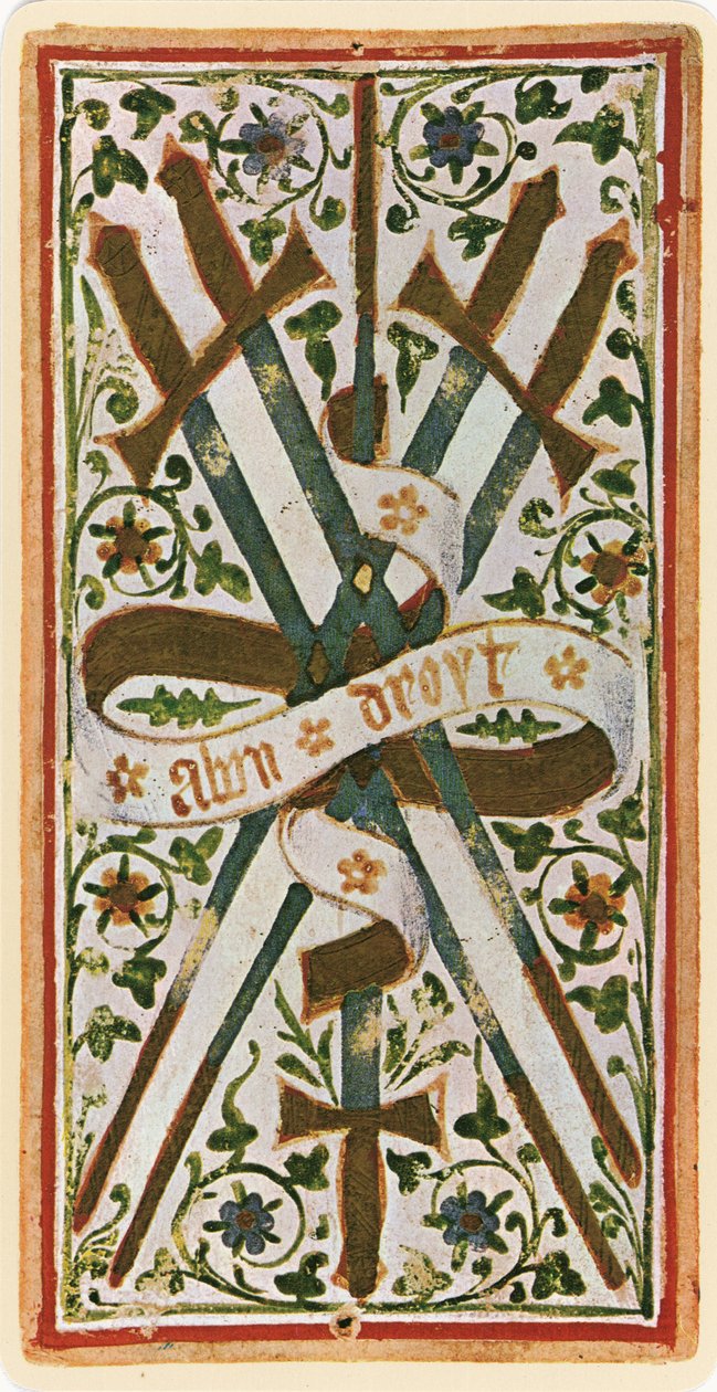 The Five of Swords, fac-símile de uma carta de tarô do deck &39;Visconti&39;, 1441-47 de Bonifacio Bembo