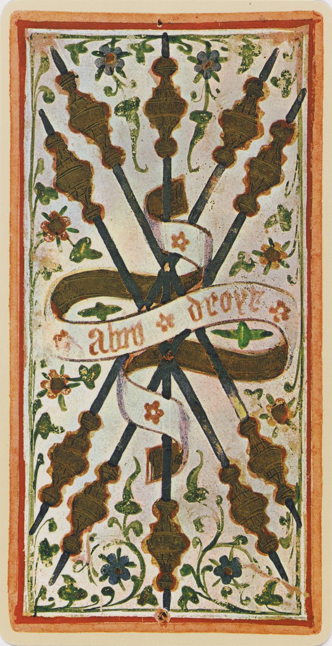 The Five of Wands, fac-símile de uma carta de tarô do deck &39;Visconti&39;, 1441-47 de Bonifacio Bembo