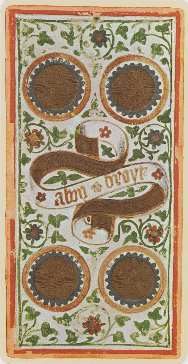 The Four of Coins, fac-símile de uma carta de tarô do deck &39;Visconti&39;, 1441-47 de Bonifacio Bembo