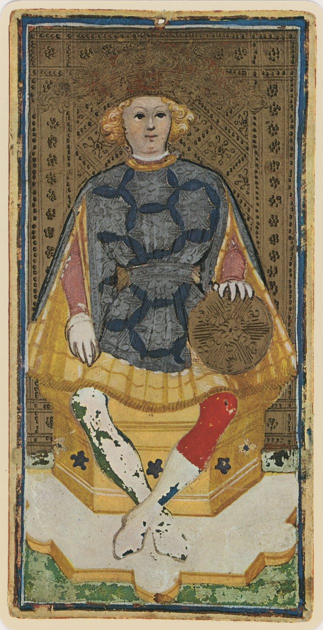 O Rei das Moedas, fac-símile de uma carta de tarô do convés "Visconti", 1441-47 de Bonifacio Bembo