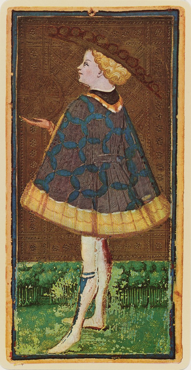 The Knave of Coins, fac-símile de uma carta de tarô do convés "Visconti", 1441-47 de Bonifacio Bembo