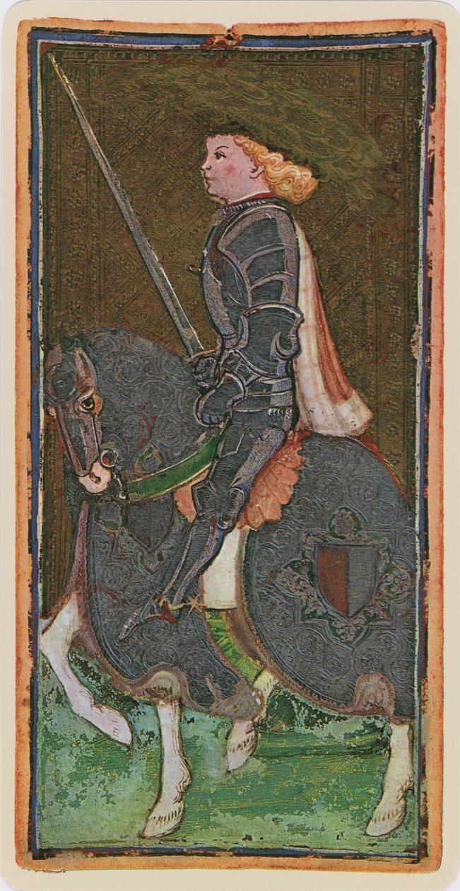 O Cavaleiro de Espadas, fac-símile de uma carta de tarô do baralho &39;Visconti&39;, 1441-47 de Bonifacio Bembo