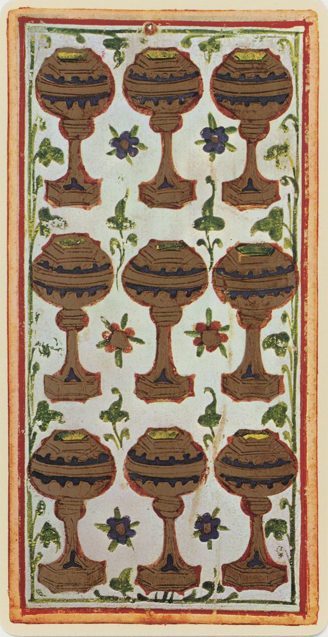 The Nine of Cups, fac-símile de uma carta de tarô do deck &39;Visconti&39;, 1441-47 de Bonifacio Bembo