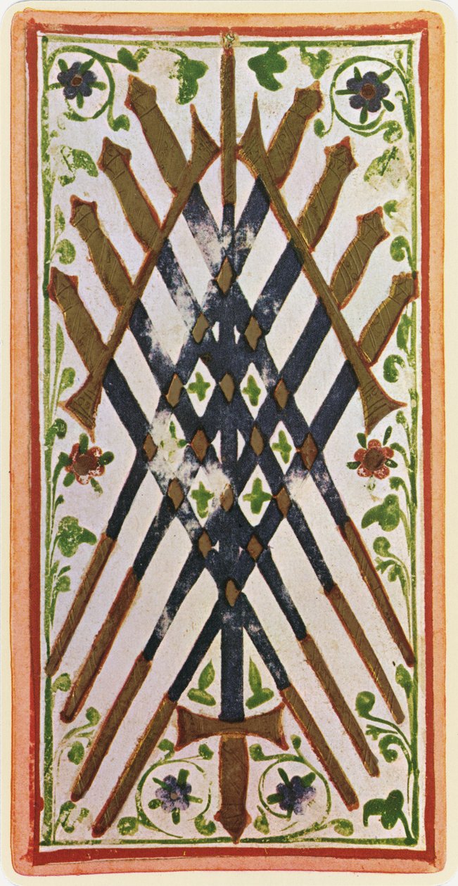 The Nine of Swords, fac-símile de uma carta de tarô do deck &39;Visconti&39;, 1441-47 de Bonifacio Bembo