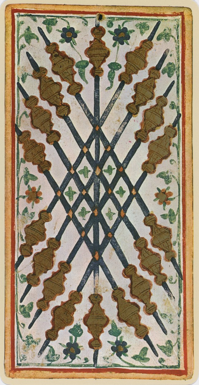 The Nine of Wands, fac-símile de uma carta de tarô do deck &39;Visconti&39;, 1441-47 de Bonifacio Bembo